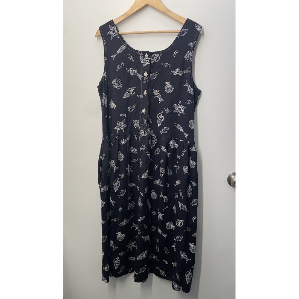 Vintage Navy Fish Print Sleeveless Midi Dress Women's Size 1X Periphery